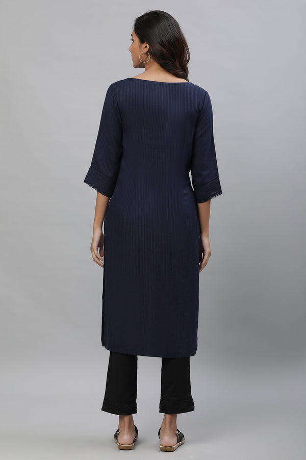 Navy Blue Solid Lace Trim Straight Rayon Kurta