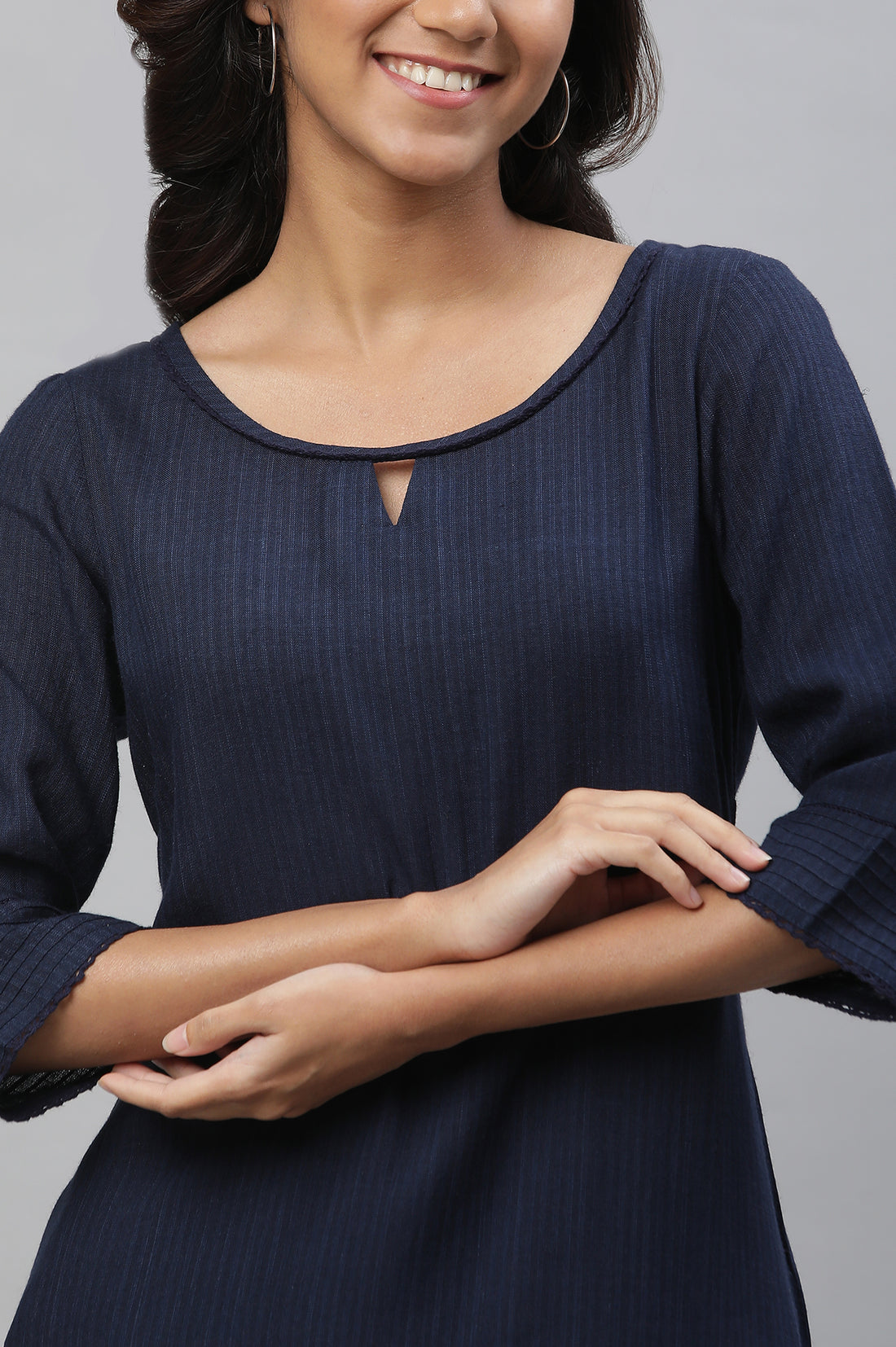 Navy Blue Solid Lace Trim Straight Rayon Kurta