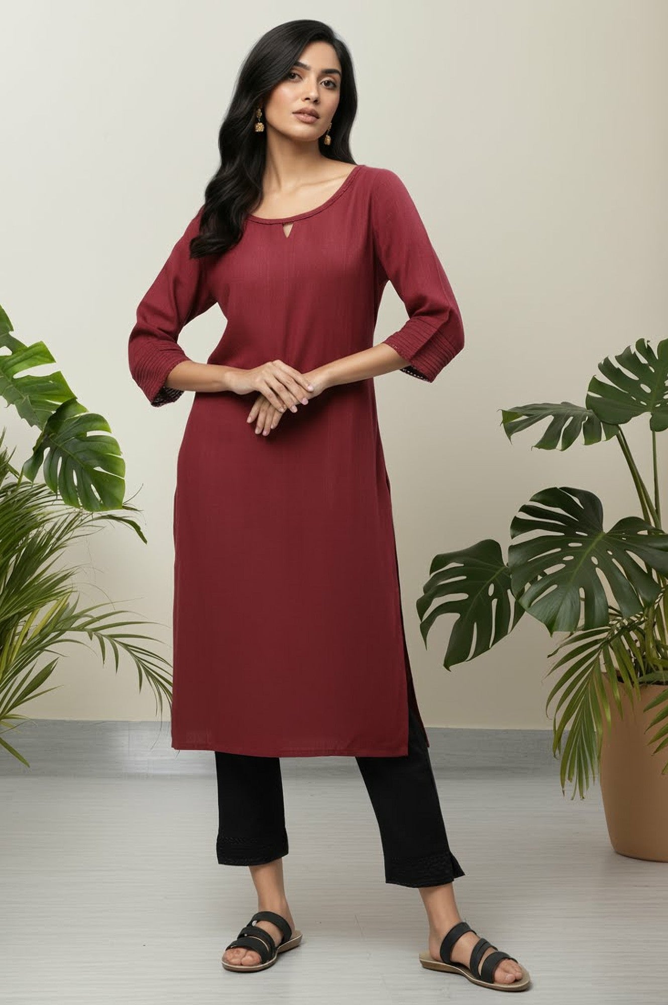 Maroon Yarn Dyed Straight Kurta