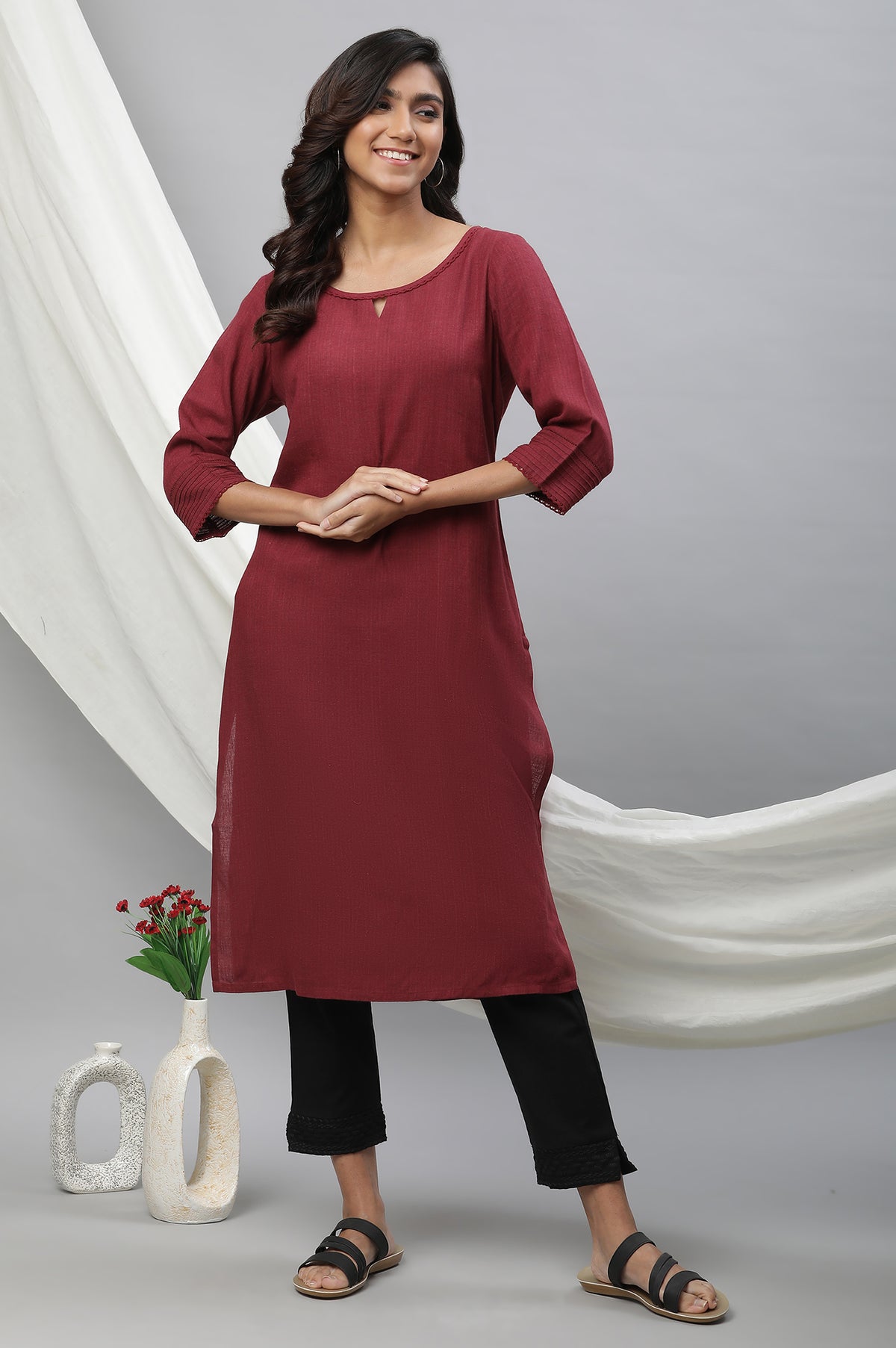 Maroon Solid Lace Trim Straight Rayon Kurta - XS