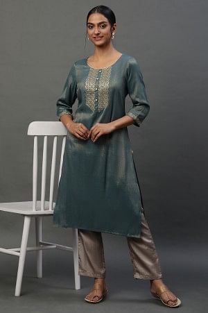 Green Yarn Dyed Embellished Kurta