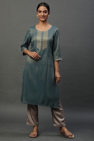 Green Yarn Dyed Embellished Kurta