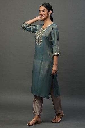 Green Yarn Dyed Embellished Kurta