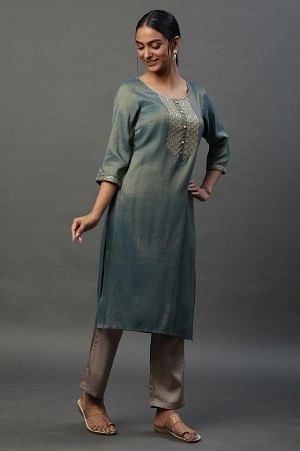 Green Yarn Dyed Embellished Kurta