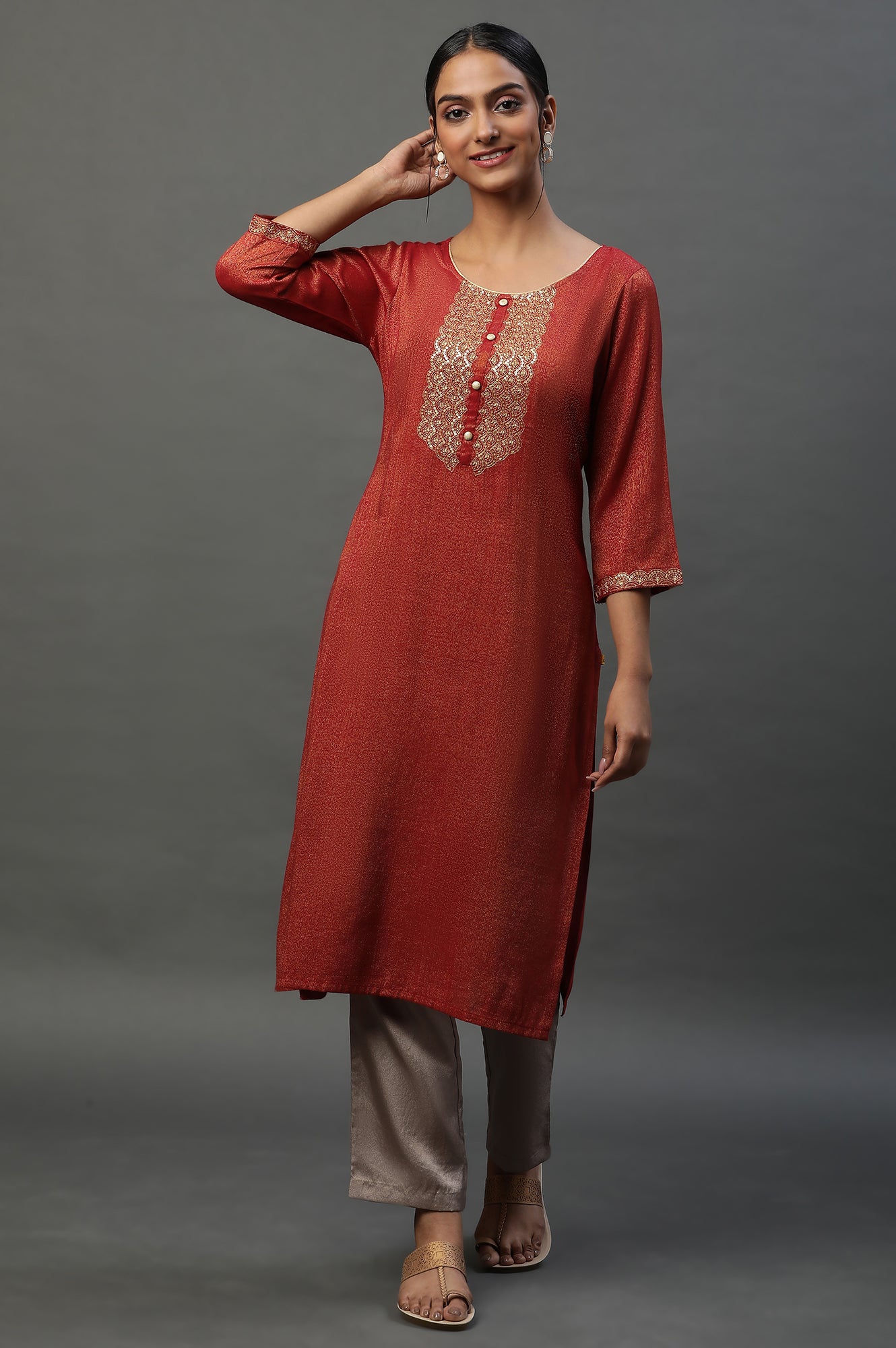 Red Yarn Dyed Embellished Kurta