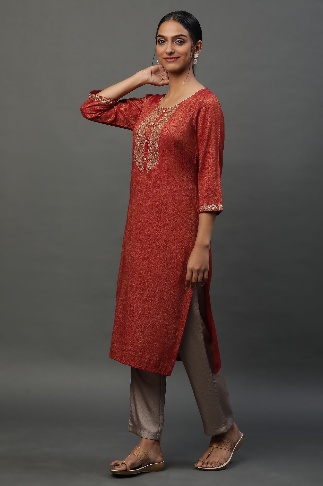 Red Yarn Dyed Embellished Kurta