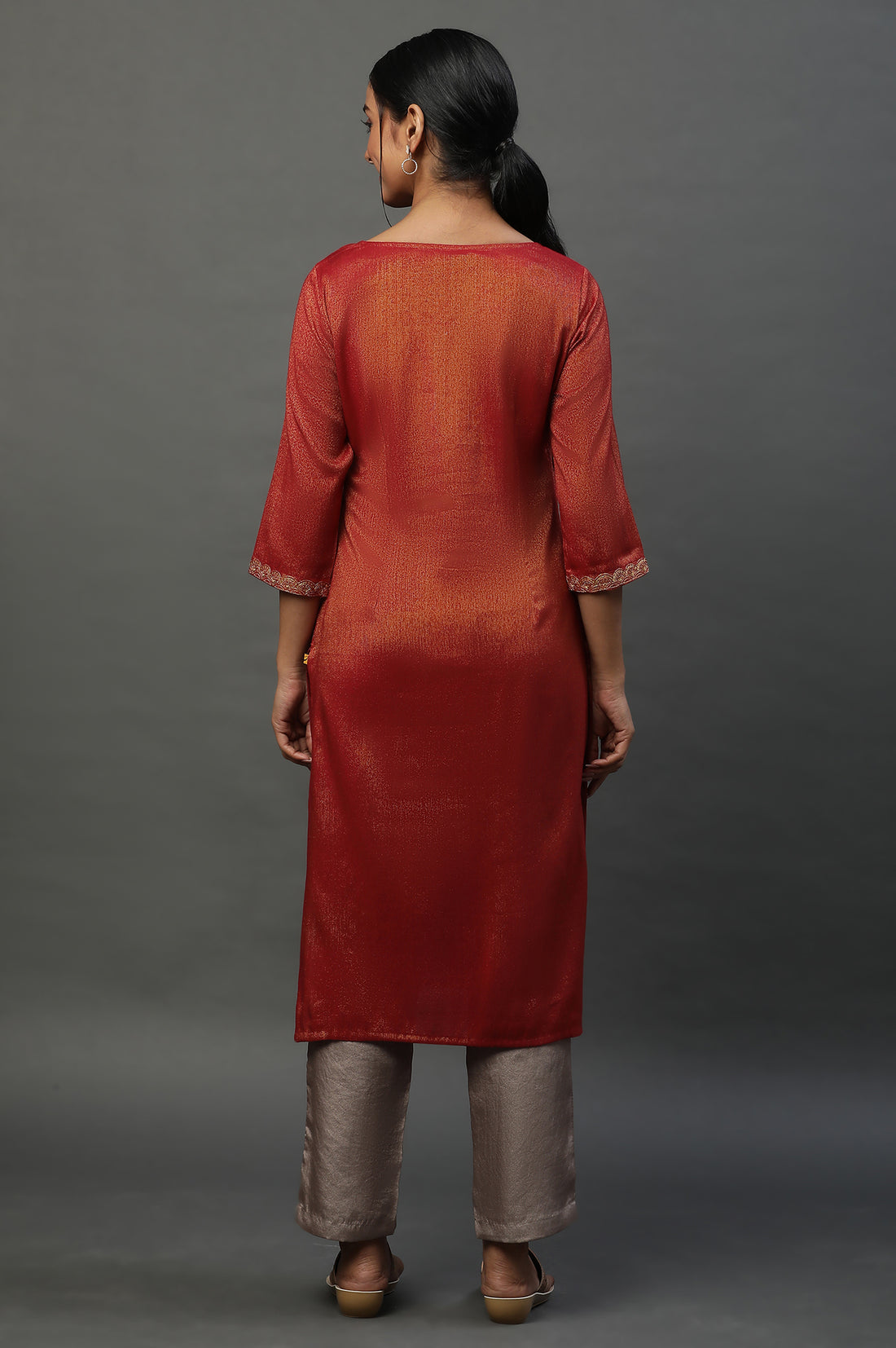 Red Yarn Dyed Embellished Kurta