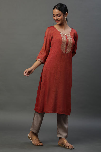 Red Yarn Dyed Embellished Kurta