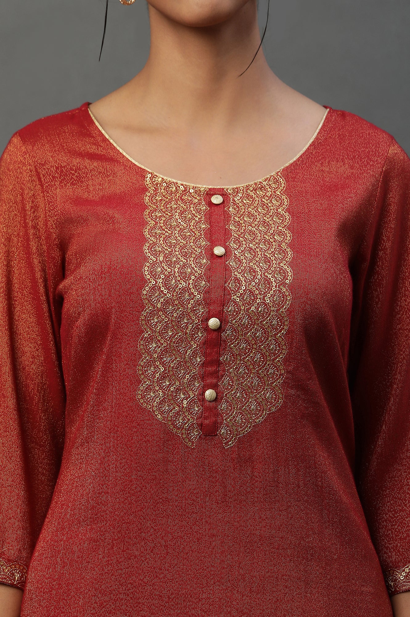 Red Yarn Dyed Embellished Kurta