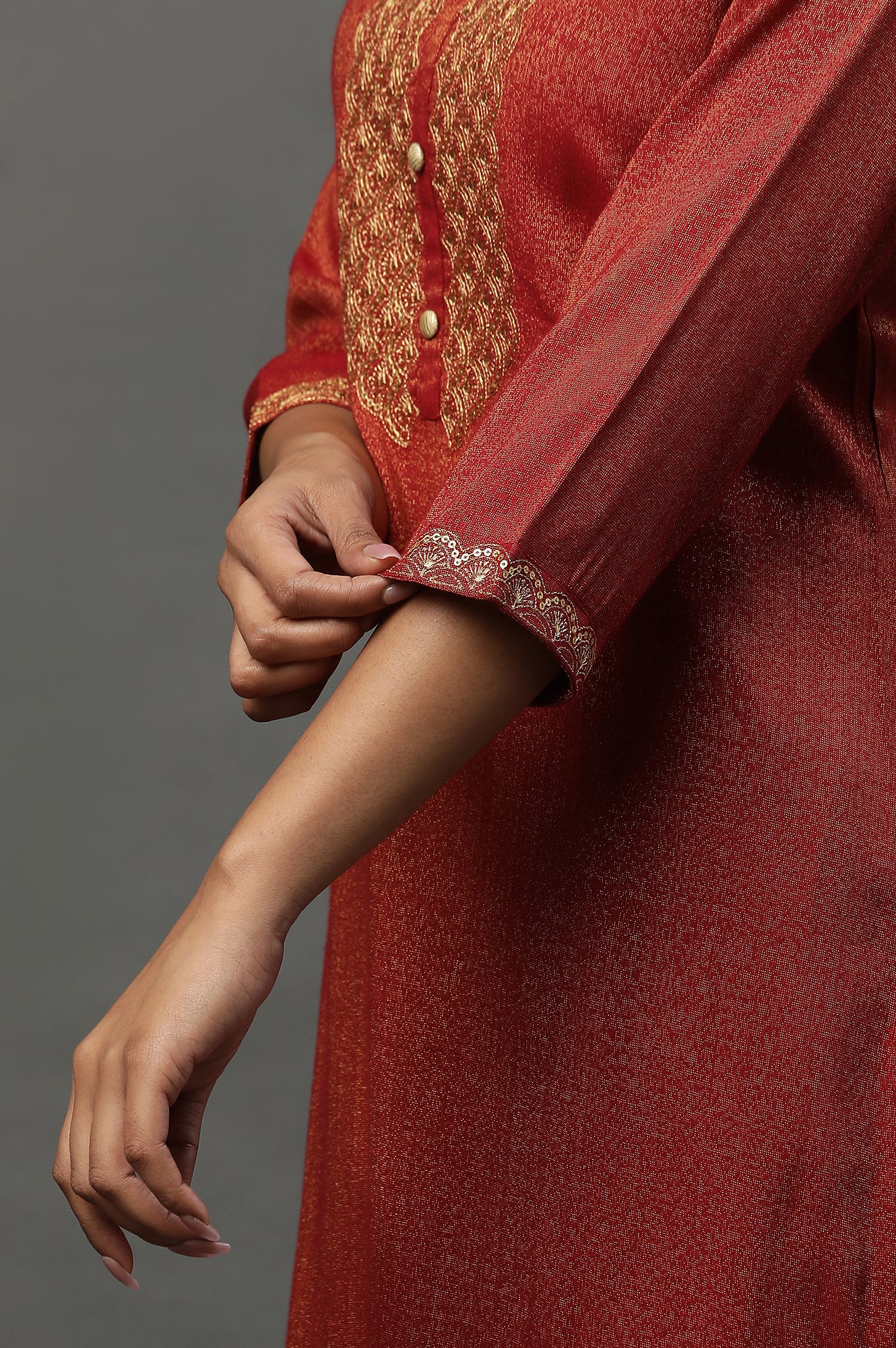 Red Yarn Dyed Embellished Kurta