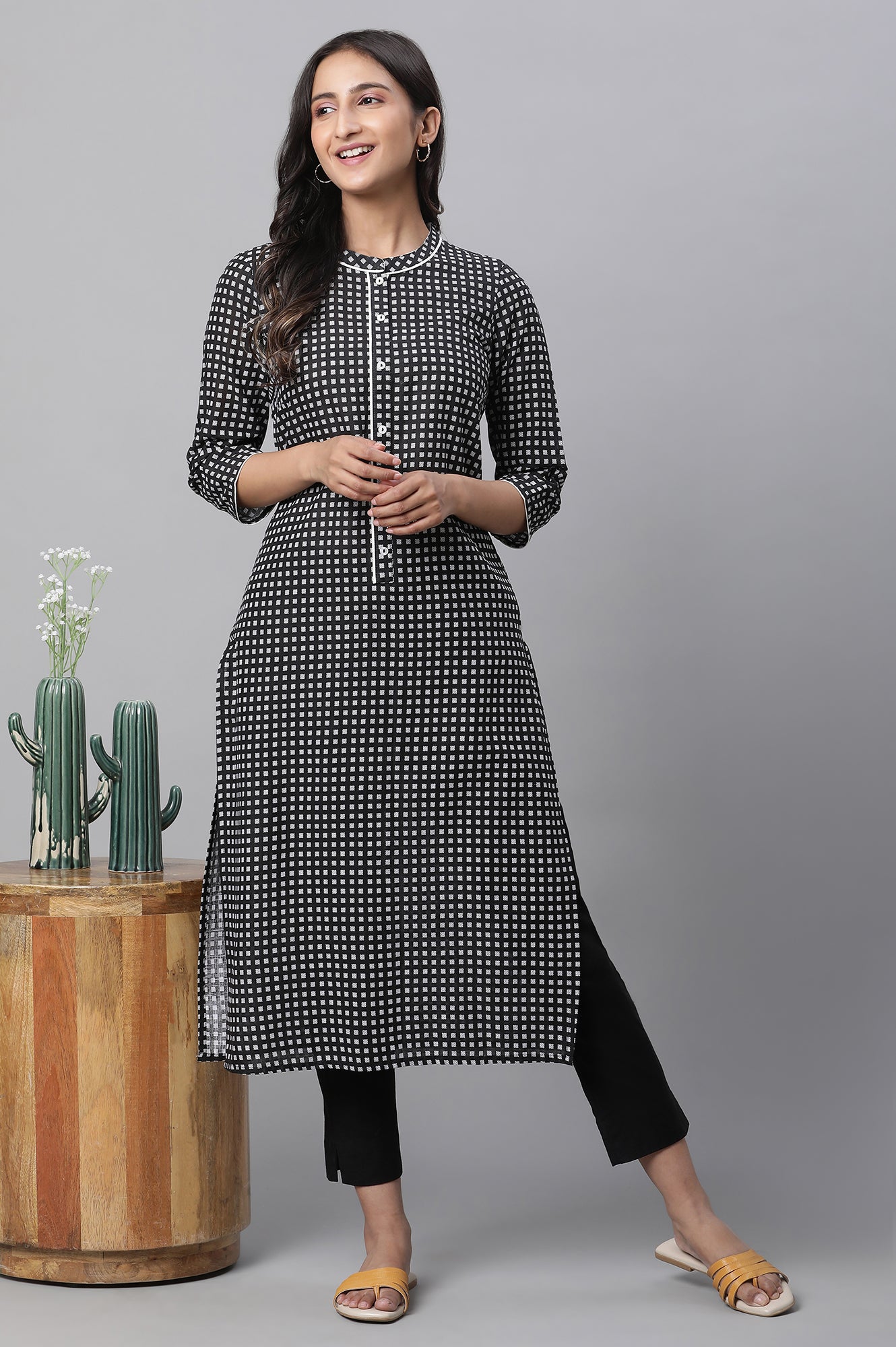 Navy Blue Cotton Abstract Printed Straight Kurta