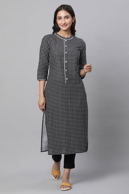 Navy Blue Cotton Abstract Printed Straight Kurta