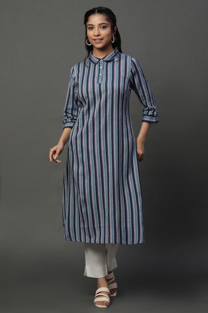 Blue Striper Shirt Collar Kurta