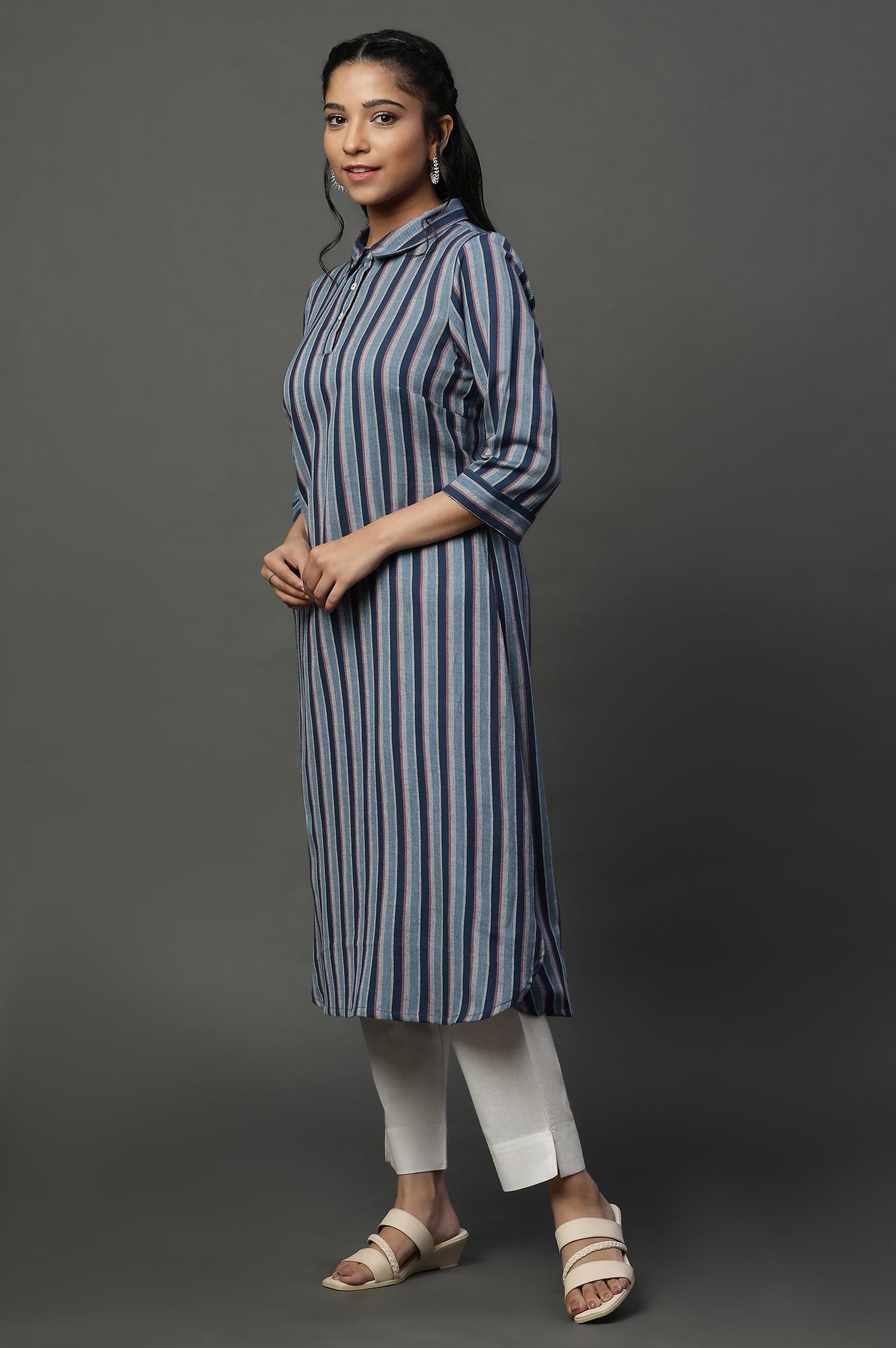 Blue Striper Shirt Collar Kurta