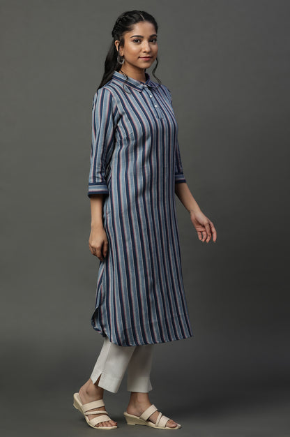 Blue Striper Shirt Collar Kurta