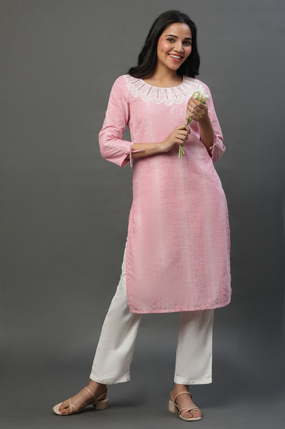 Pink Yarn Dyed Cotton Embroidered Kurta