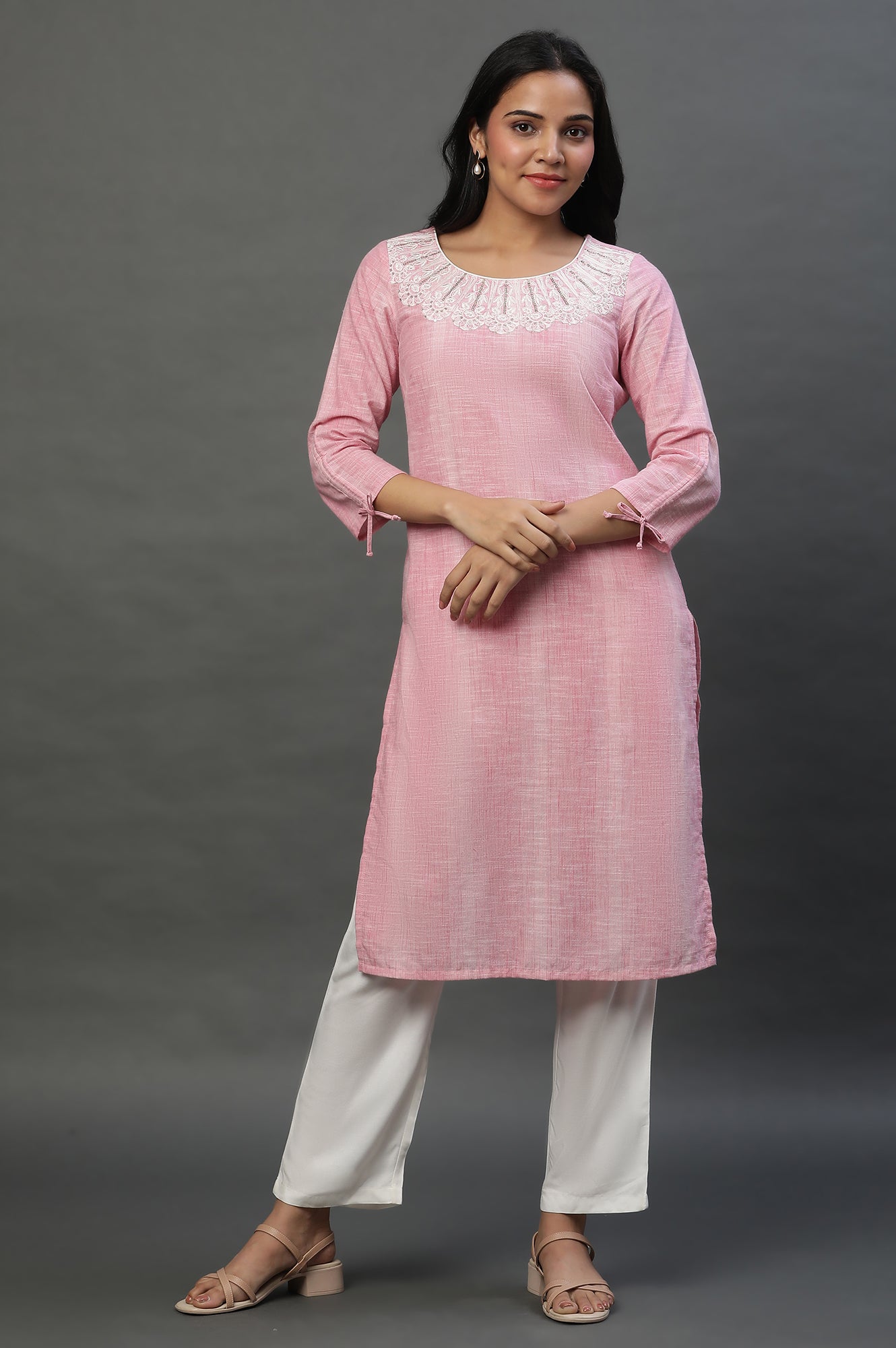 Pink Yarn Dyed Cotton Embroidered Kurta