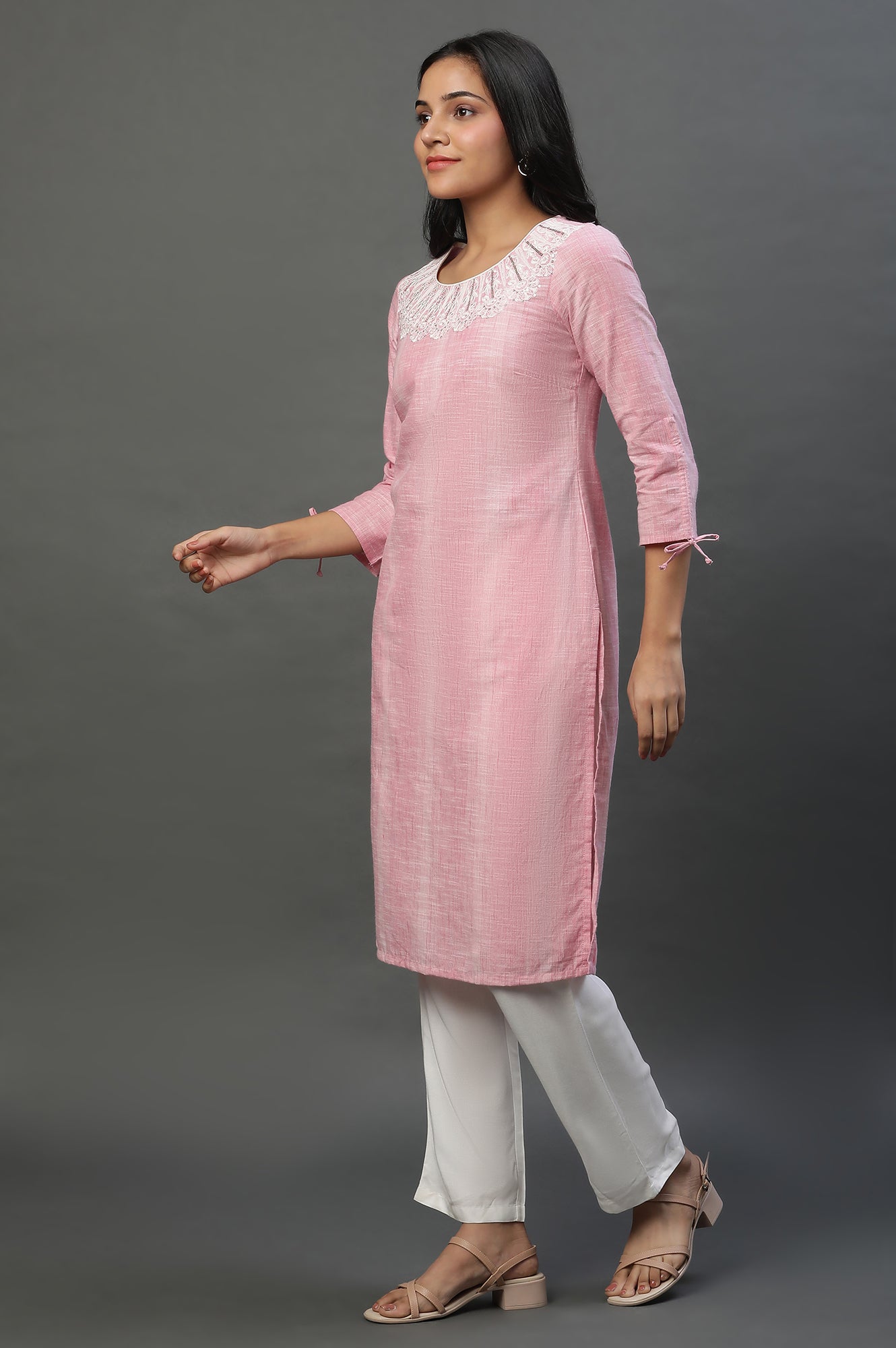 Pink Yarn Dyed Cotton Embroidered Kurta