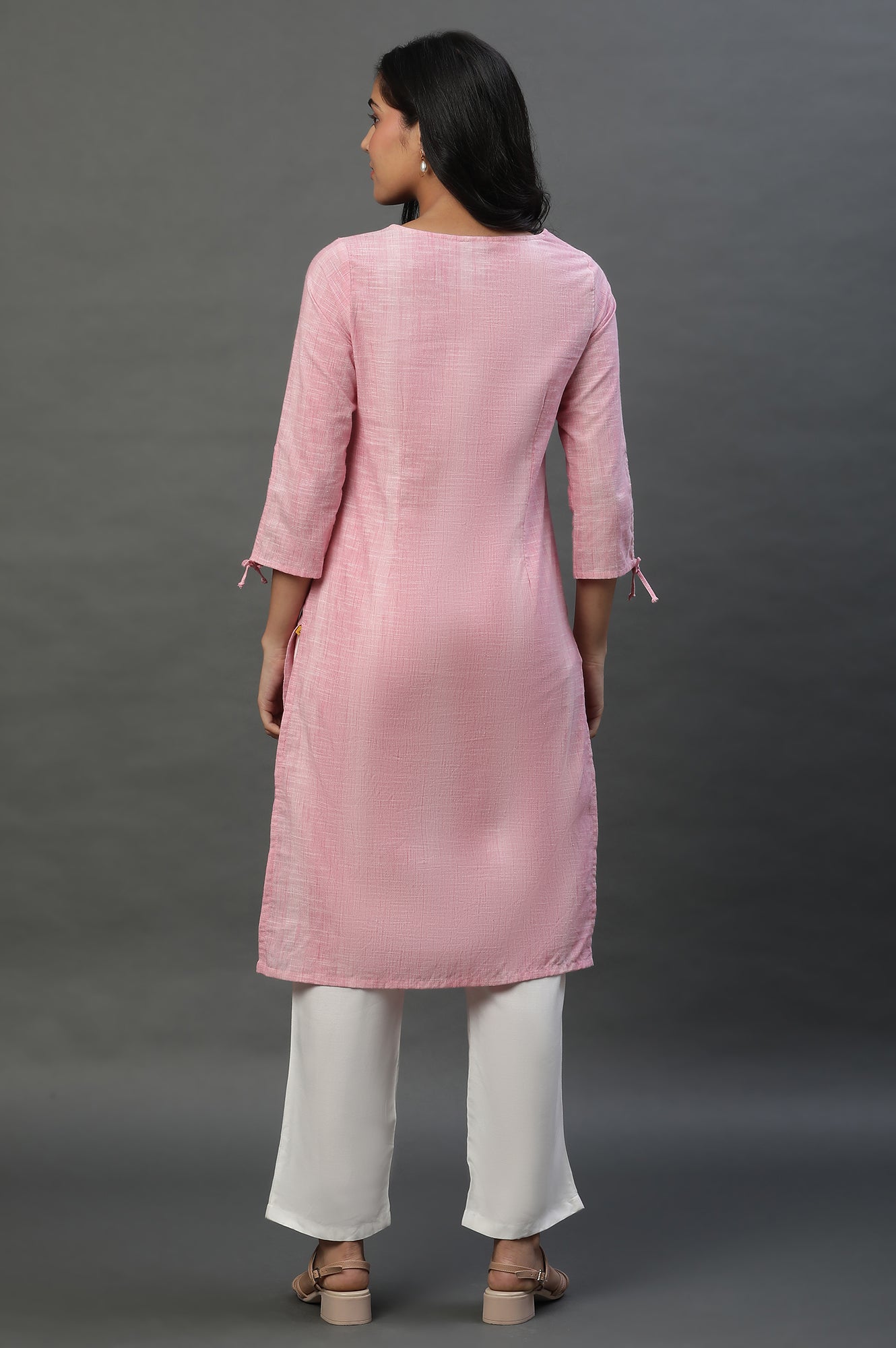 Pink Yarn Dyed Cotton Embroidered Kurta