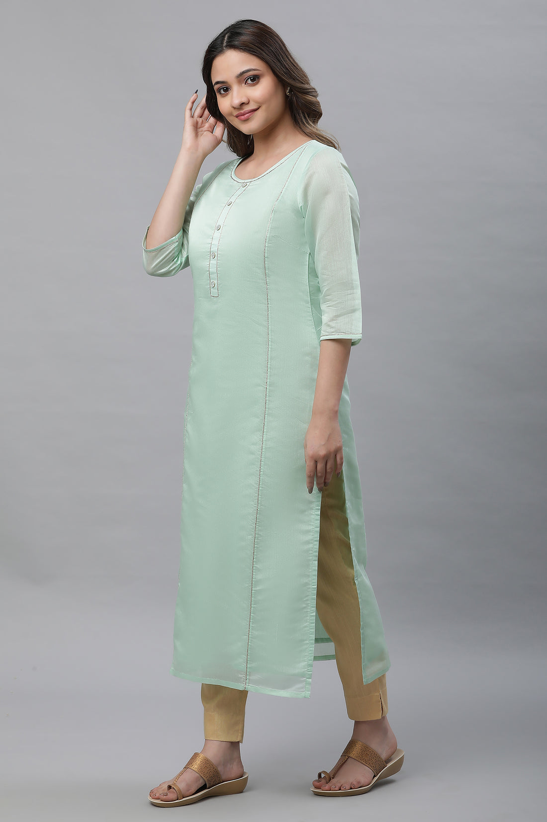 Green Semi Sheer Festive Chanderi Kurta