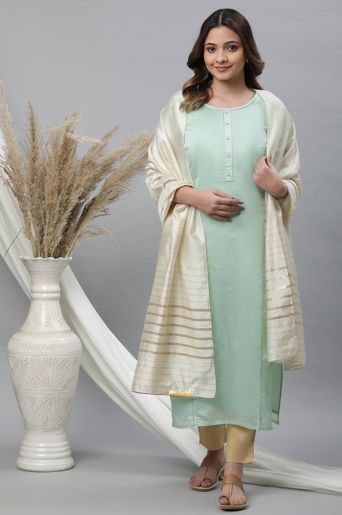 Green Semi Sheer Festive Chanderi Kurta