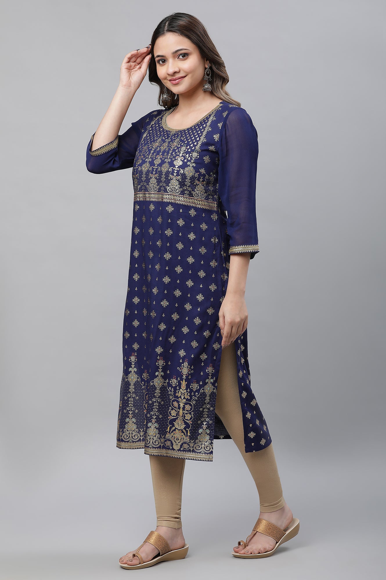 Blue Floral Printed Contemporary Kurta