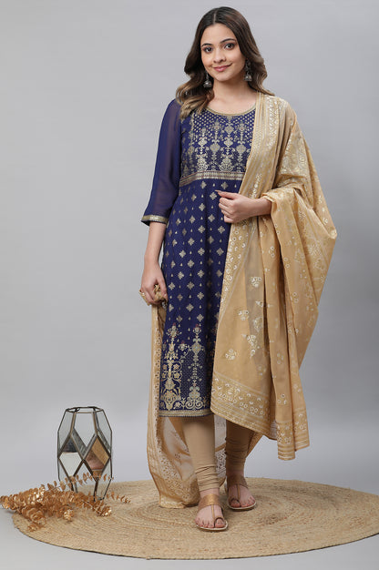 Blue Floral Printed Contemporary Kurta