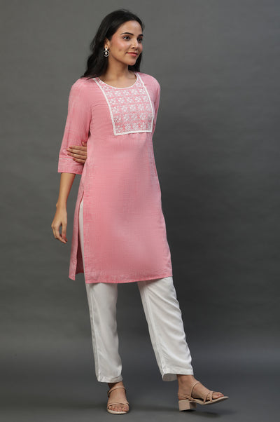 Pink Yarn Dyed Cotton Kurta