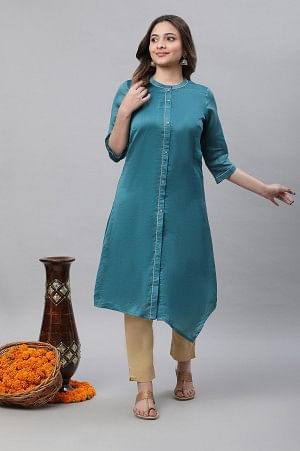 Blue Chanderi Asymmetrical Kurta