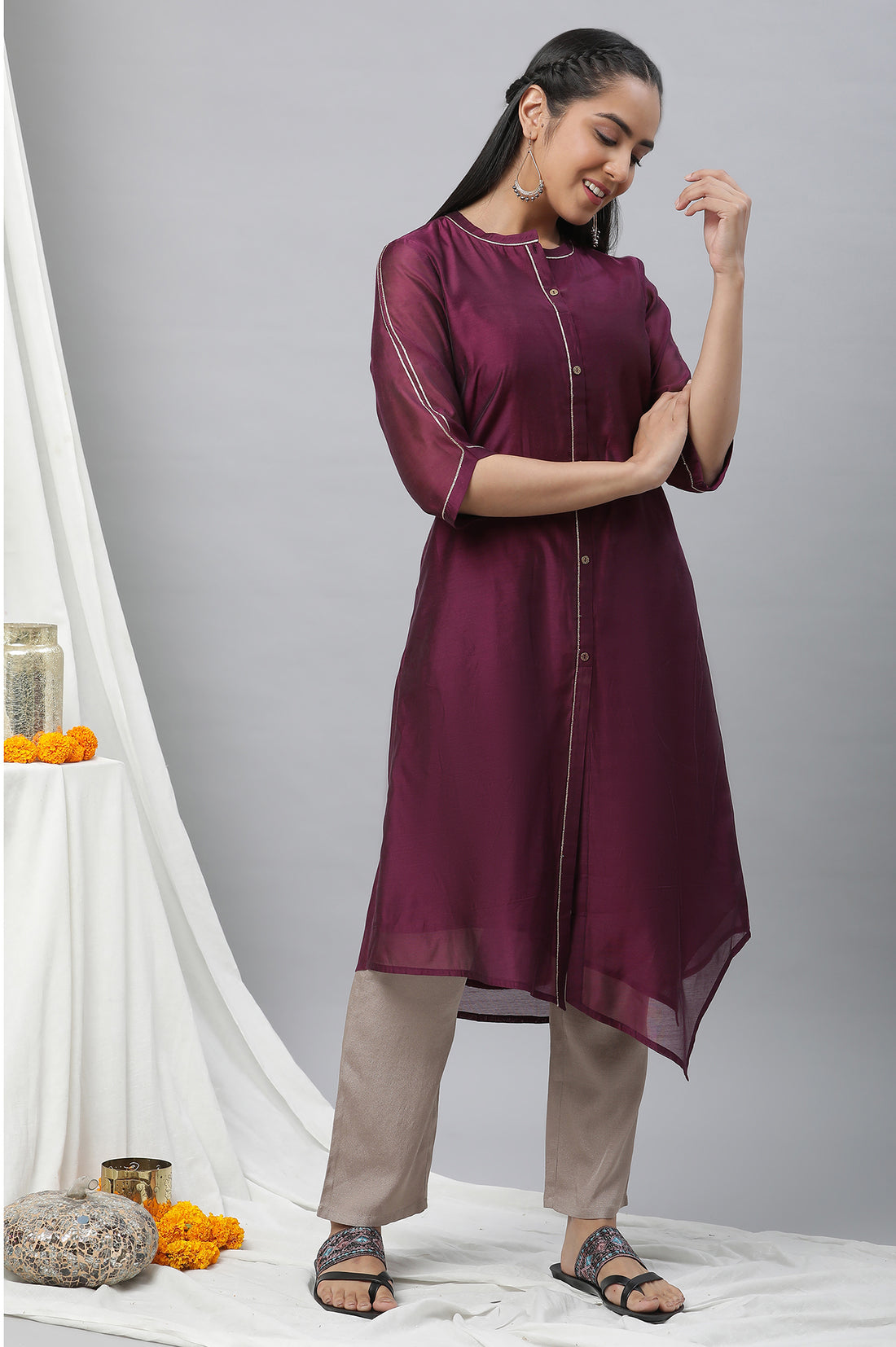 Purple Chanderi Asymmetrical Festive Kurta with Embellishment