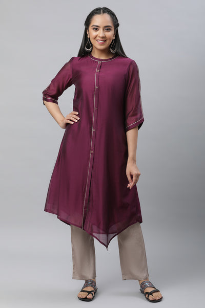 Purple Chanderi Asymmetrical Festive Kurta with Embellishment