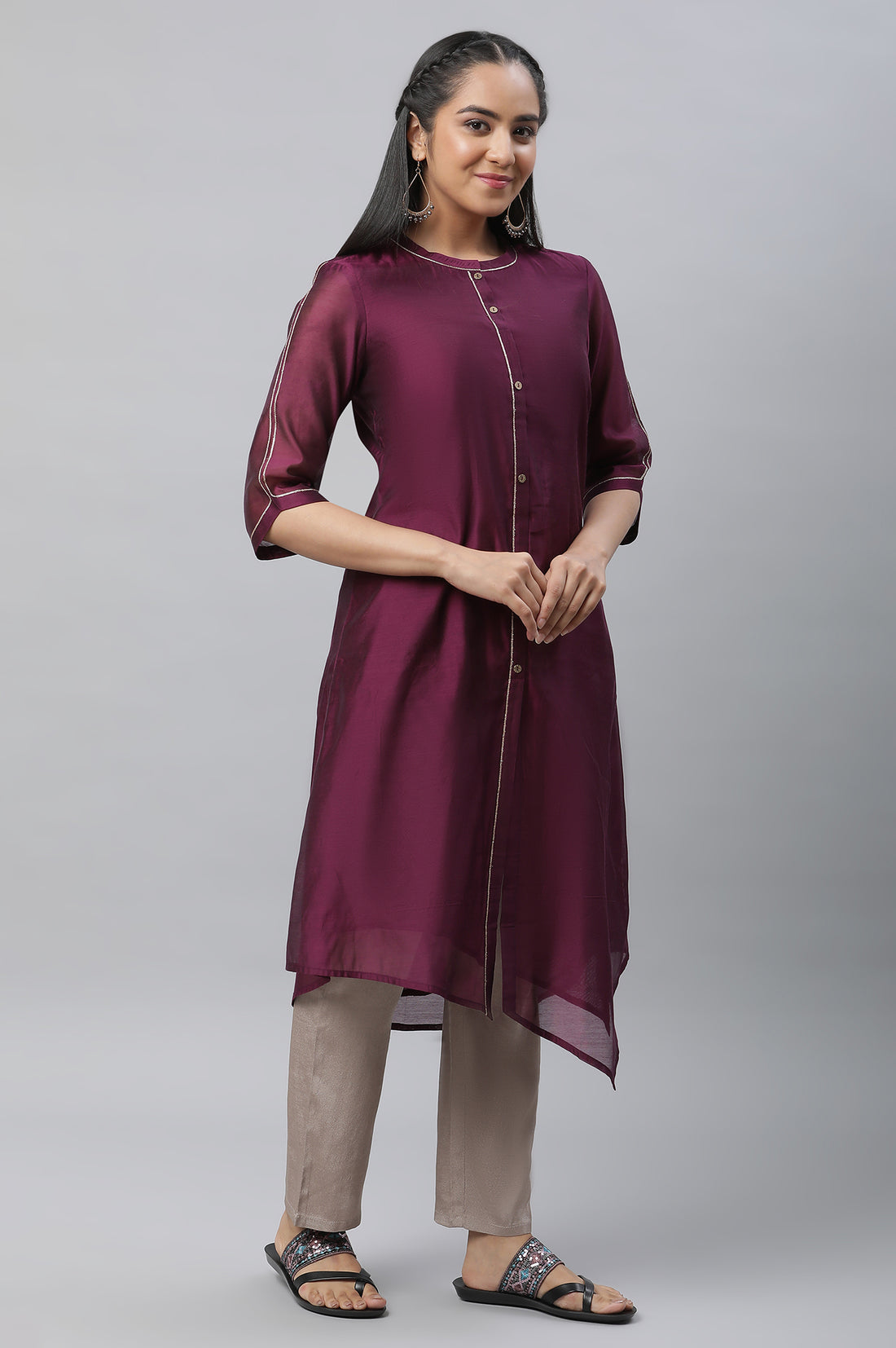 Purple Chanderi Asymmetrical Festive Kurta with Embellishment
