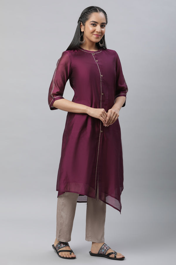 Purple Chanderi Asymmetrical Festive Kurta with Embellishment