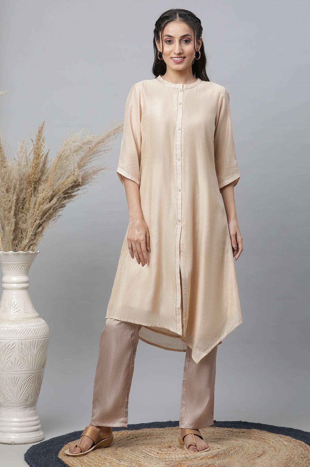 Beige Chanderi Asymmetrical Kurta with Embellishment - XS