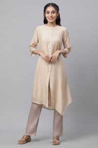 Beige Chanderi Asymmetrical Kurta with Embellishment