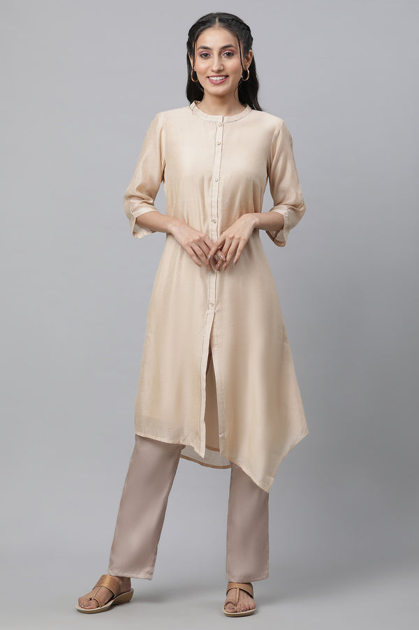 Beige Chanderi Asymmetrical Kurta with Embellishment
