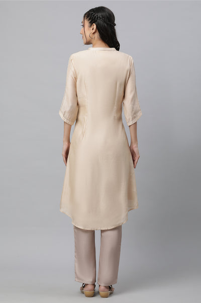 Beige Chanderi Asymmetrical Kurta with Embellishment