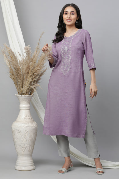 Purple Embroidered Textured Kurta