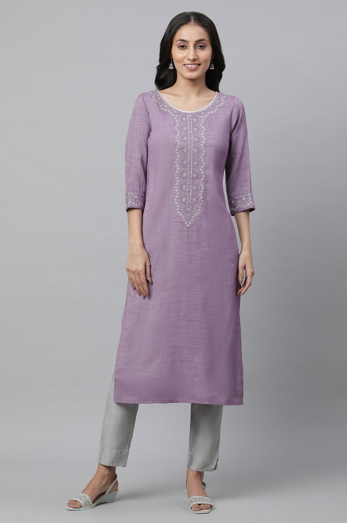 Purple Embroidered Textured Kurta