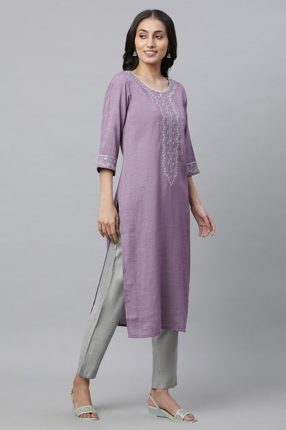 Purple Embroidered Textured Kurta