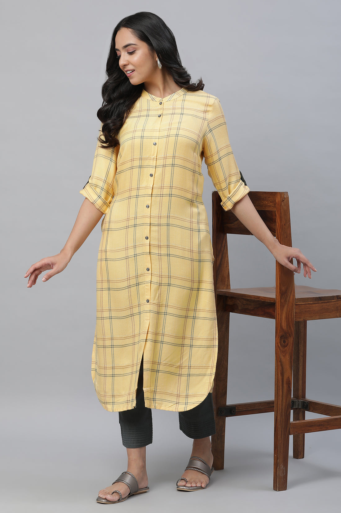 Buy Yellow Checker Modern Ethnic Casual Kurta Online for Woman