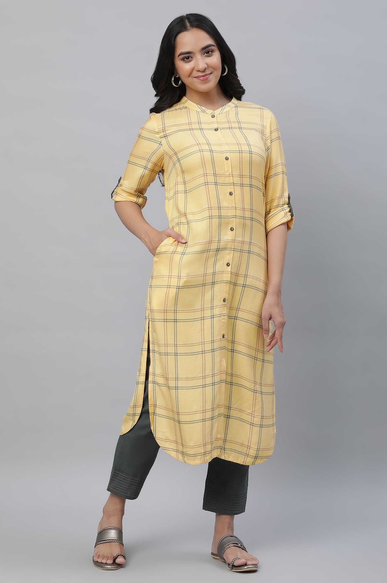 Yellow Checker Modern Ethnic Casual Kurta