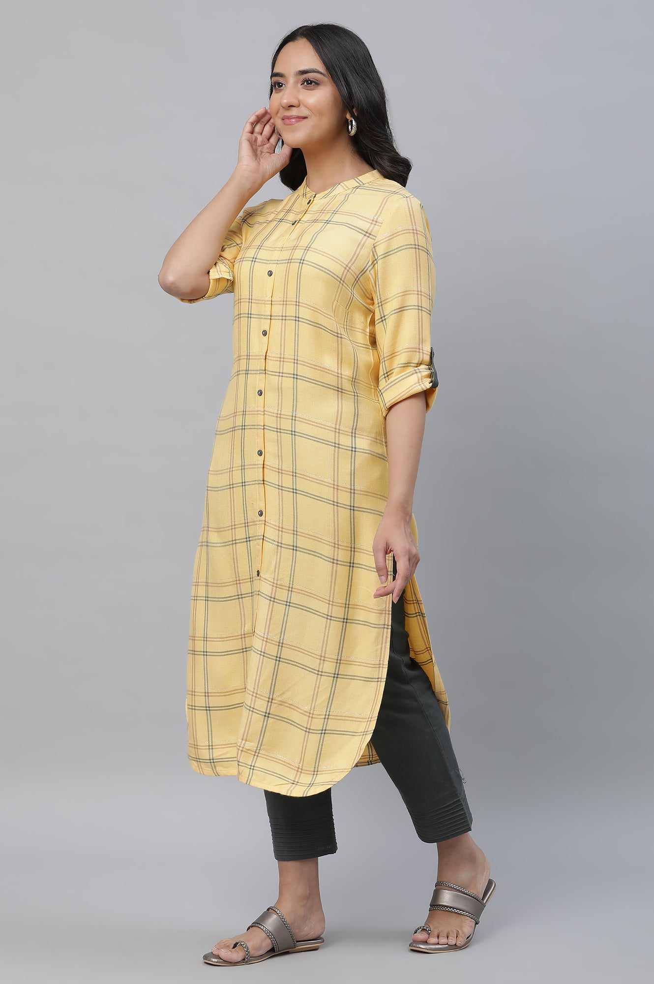 Yellow Checker Modern Ethnic Casual Kurta