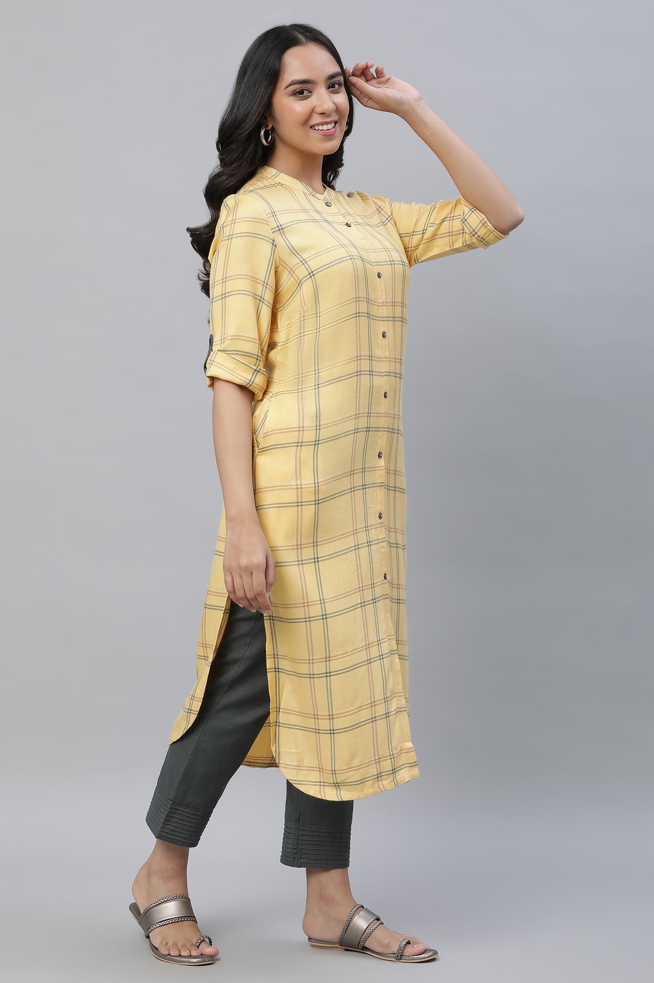 Yellow Checker Modern Ethnic Casual Kurta