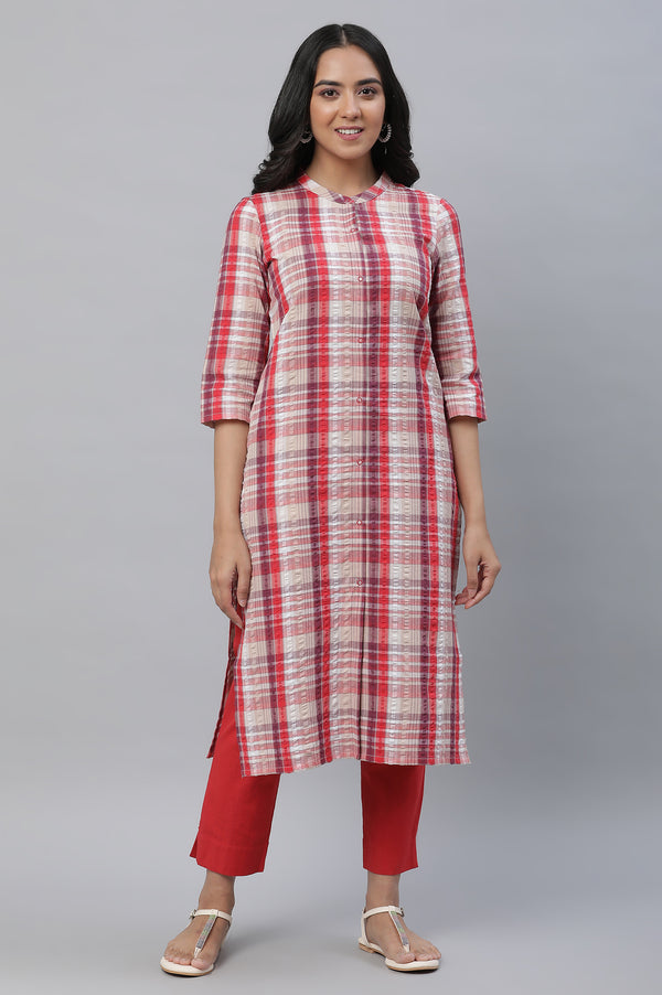 Red Textured Cotton Checker Kurta