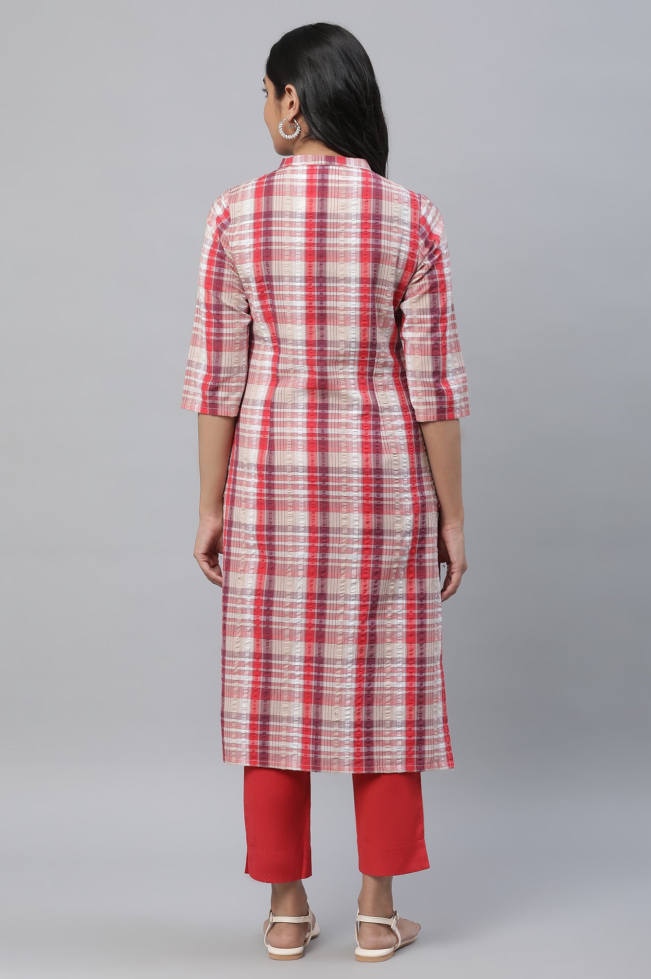 Red Seer Sucker Checker Kurta