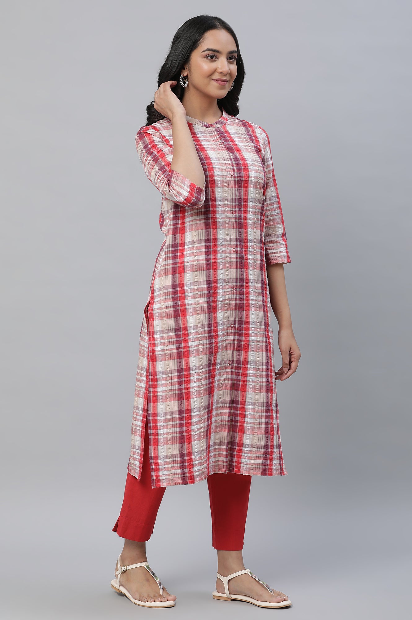 Red Seer Sucker Checker Kurta