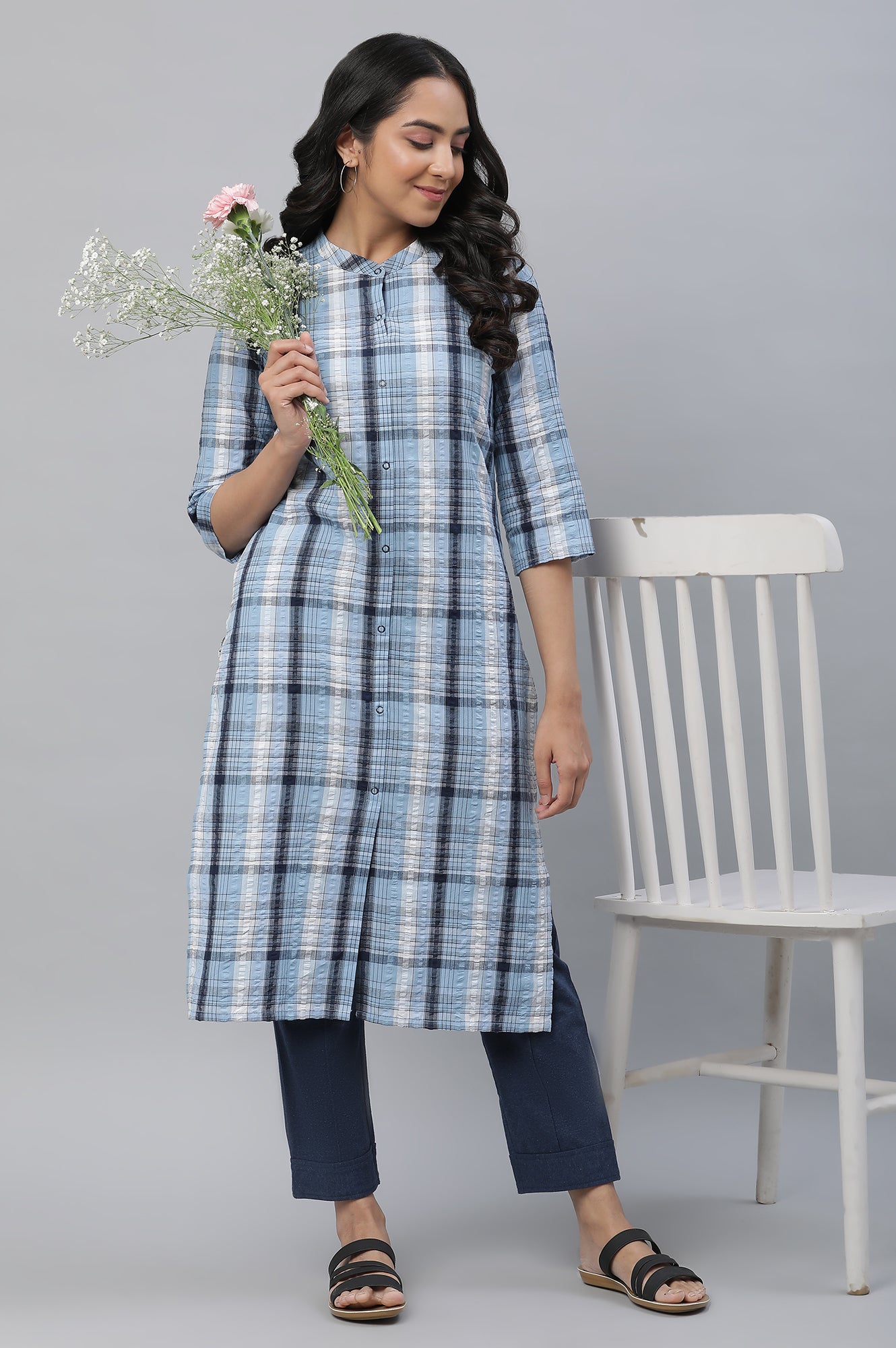 Blue Seer Sucker Checker Kurta