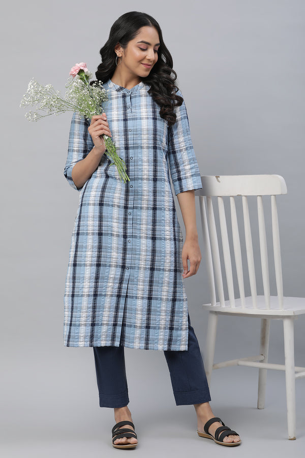 Blue Textured Cotton Checker Kurta
