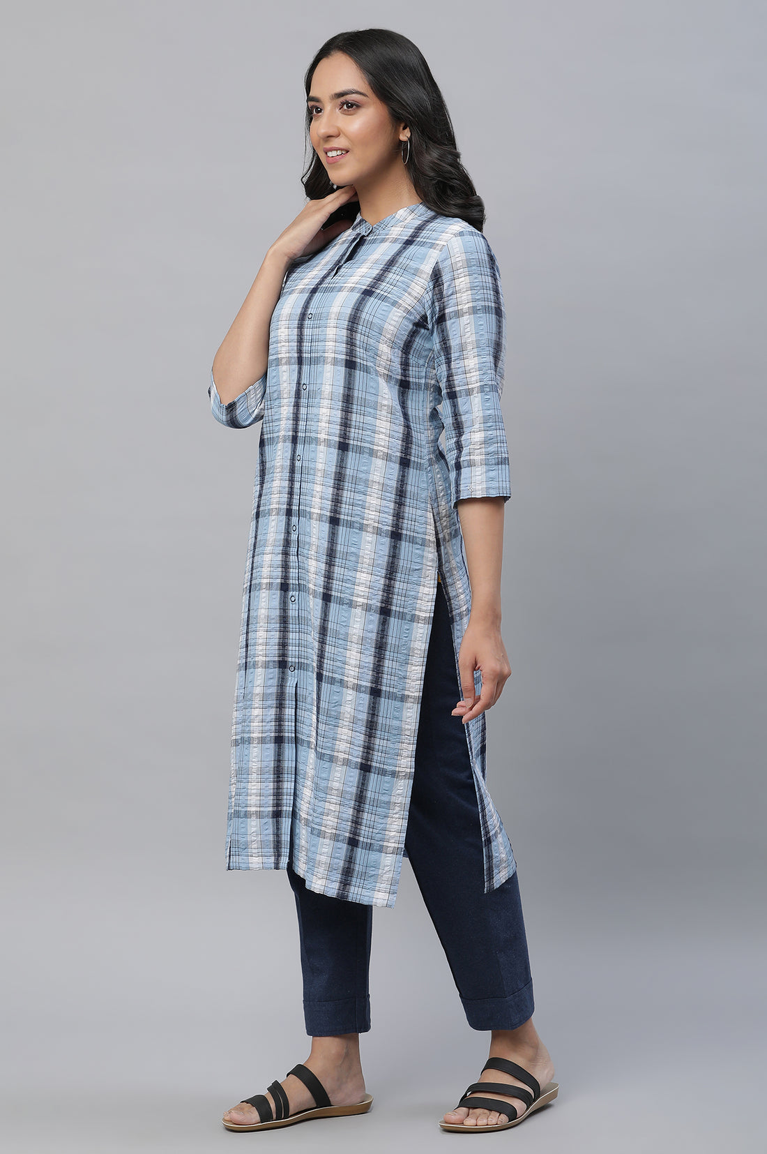 Blue Textured Cotton Checker Kurta